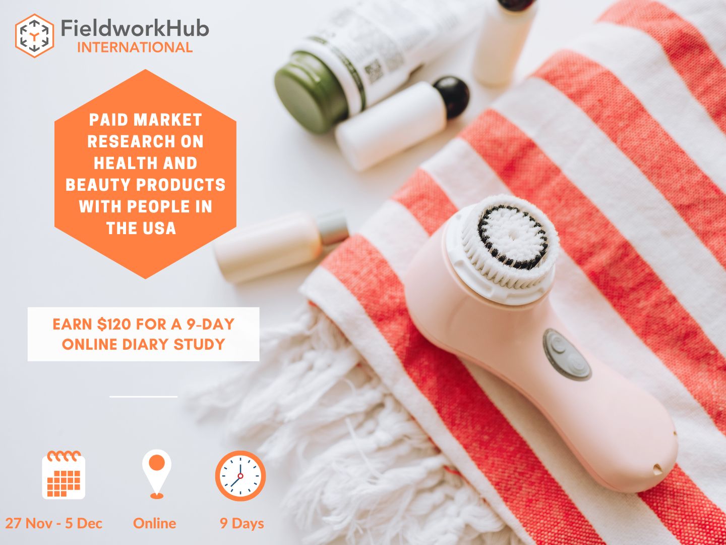 Recruiting people in the USA for an online diary study about health and beauty products - close-up photo of cloth, electric face brush, and various tubes and bottles of beauty lotion